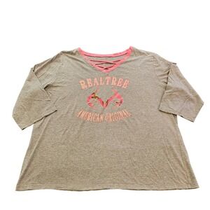 Realtree Womens 2XL Gray Pink Camo Graphic Tee 3/4 Sleeve Strappy V-Neck Top